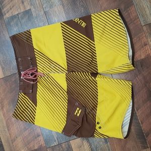 Billabong Yellow & Brown Striped Board Shorts with Wax Comb, Size 31